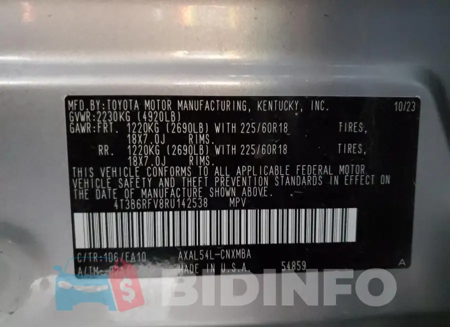 4T3B6RFV8RU142538 Photo# 13