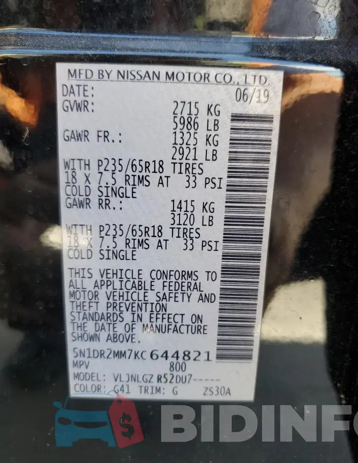 5N1DR2MM7KC644821 Photo# 13