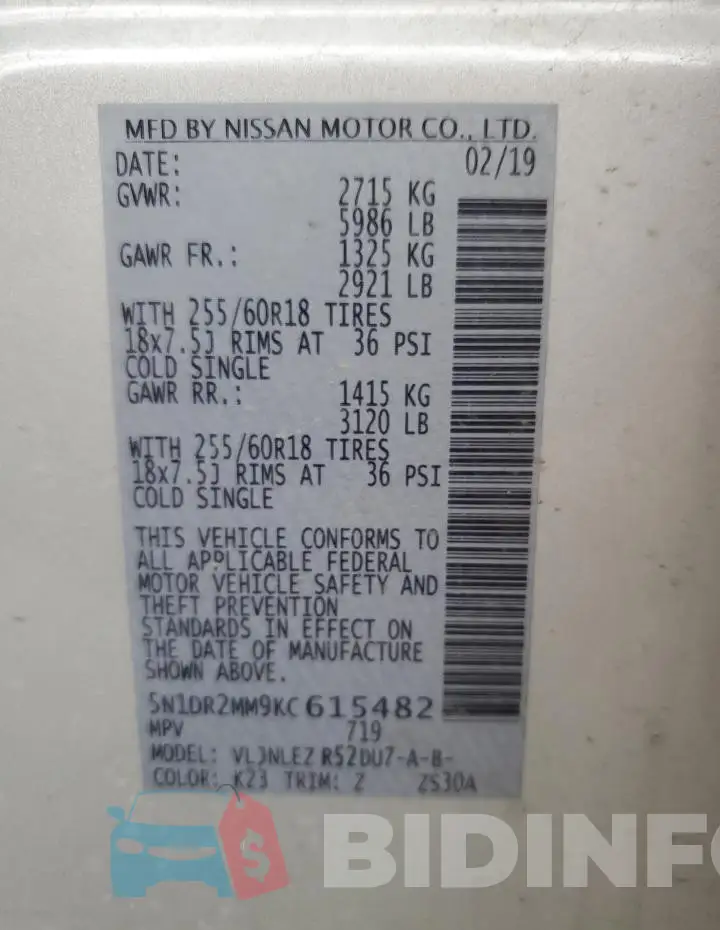 5N1DR2MM9KC615482 Photo# 14