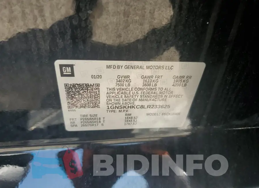 1GNSKHKC8LR233625 Photo# 12