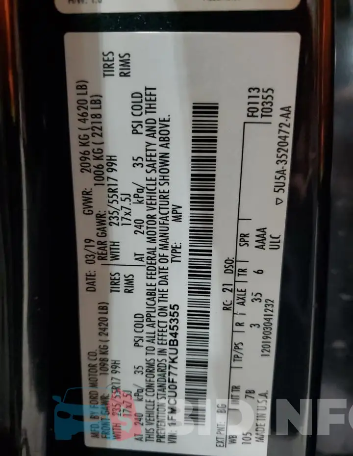 1FMCU0F77KUB45355 Photo# 13