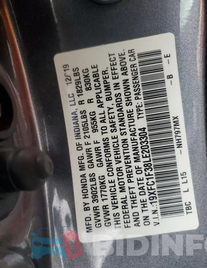 19XFC1F38LE203304 Photo# 12