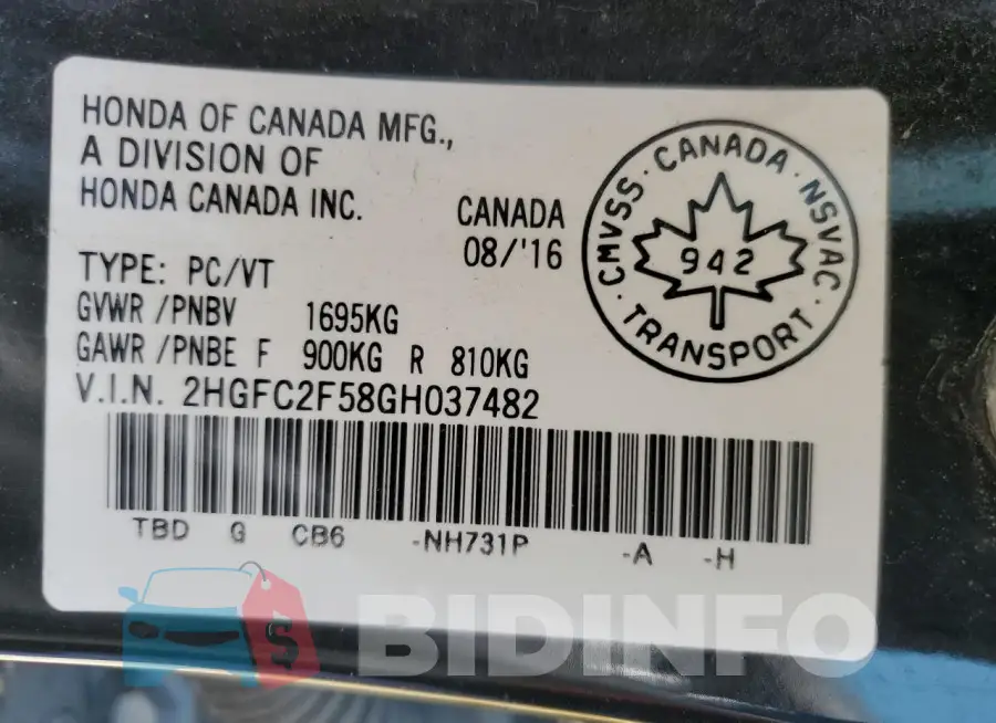 2HGFC2F58GH037482 Photo# 12