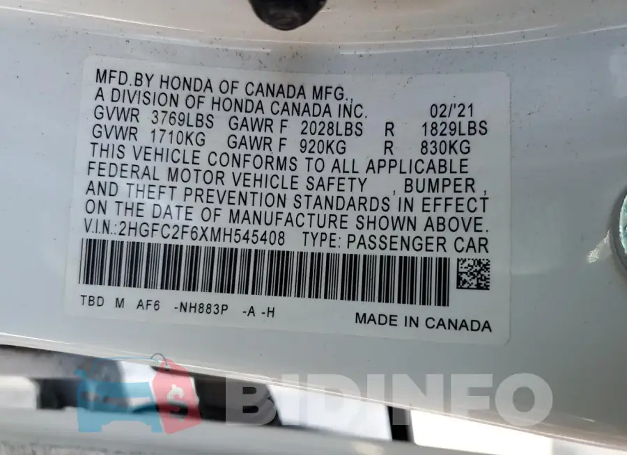 2HGFC2F6XMH545408 Photo# 13