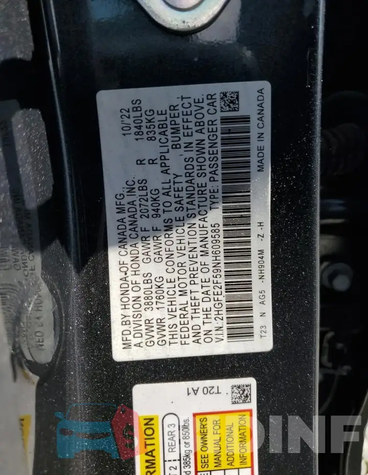 2HGFE2F59NH609585 Photo# 12