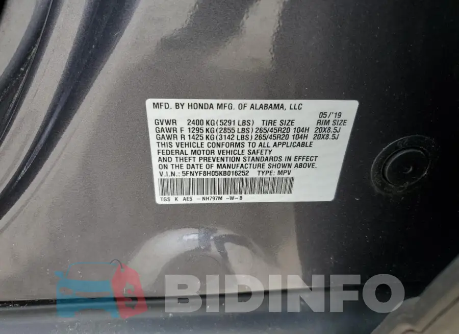 5FNYF8H05KB016252 Photo# 13