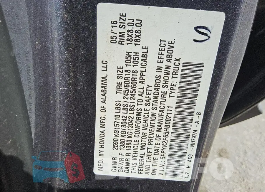 5FPYK2F65HB002111 Photo# 13