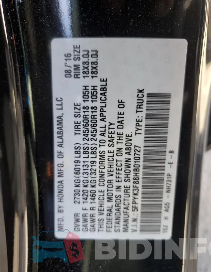 5FPYK3F88HB010727 Photo# 12