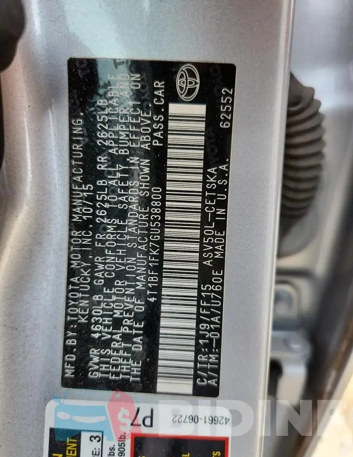 4T1BF1FK7GU538800 Photo# 12