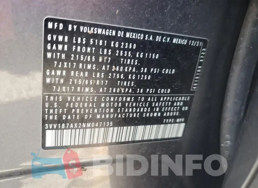 3VV1B7AX2NM047135 Photo# 13