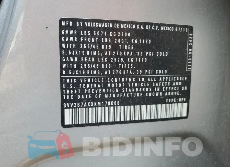 3VV2B7AXXKM178068 Photo# 14