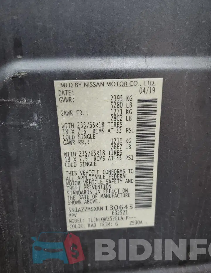 5N1AZ2MSXKN130645 Photo# 13