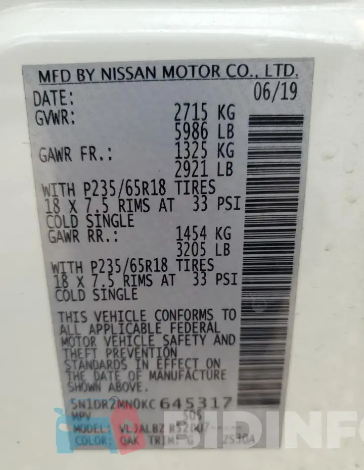 5N1DR2MN0KC645317 Photo# 13
