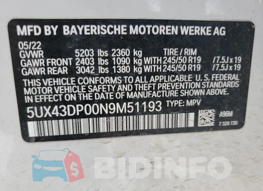 5UX43DP00N9M51193 Photo# 13