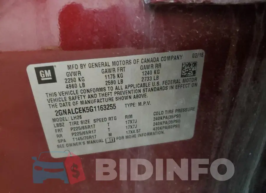 2GNALCEK5G1163255 Photo# 14