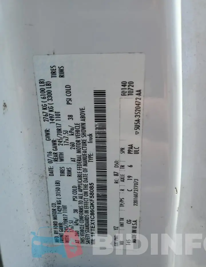 1FTEX1C86GKF58085 Photo# 12