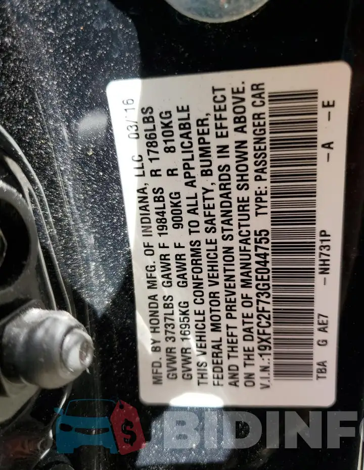 19XFC2F73GE044755 Photo# 12