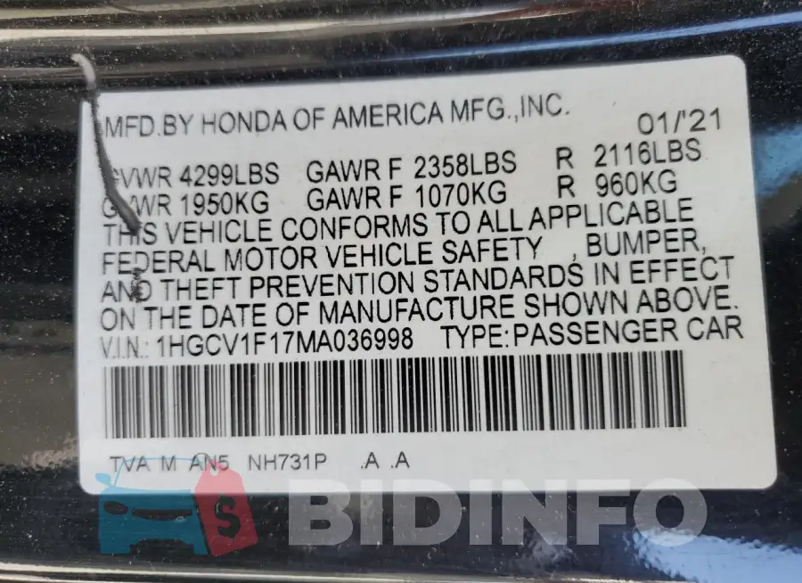 1HGCV1F17MA036998 Photo# 12