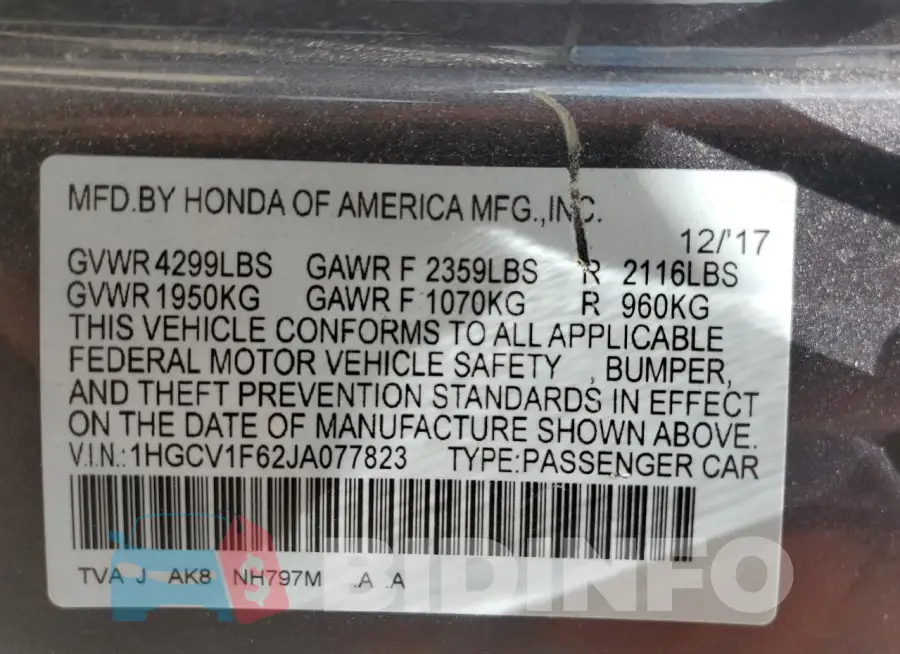1HGCV1F62JA077823 Photo# 12