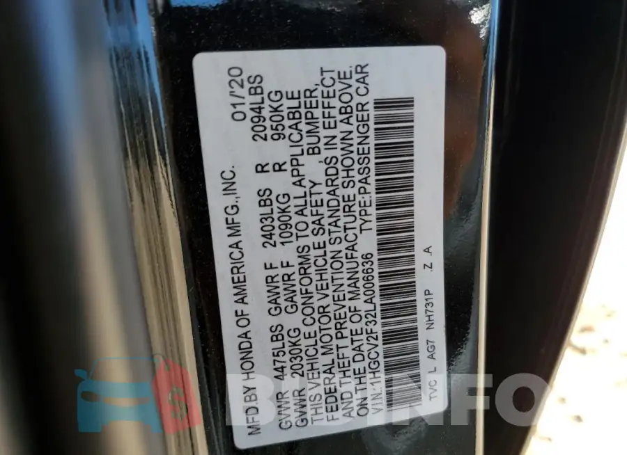 1HGCV2F32LA006636 Photo# 12