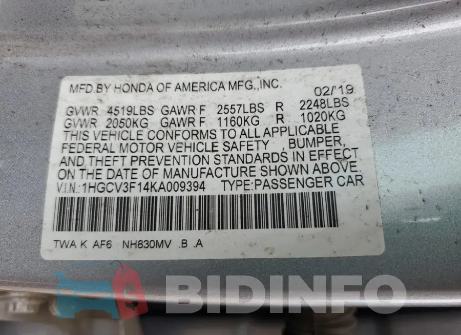 1HGCV3F14KA009394 Photo# 12