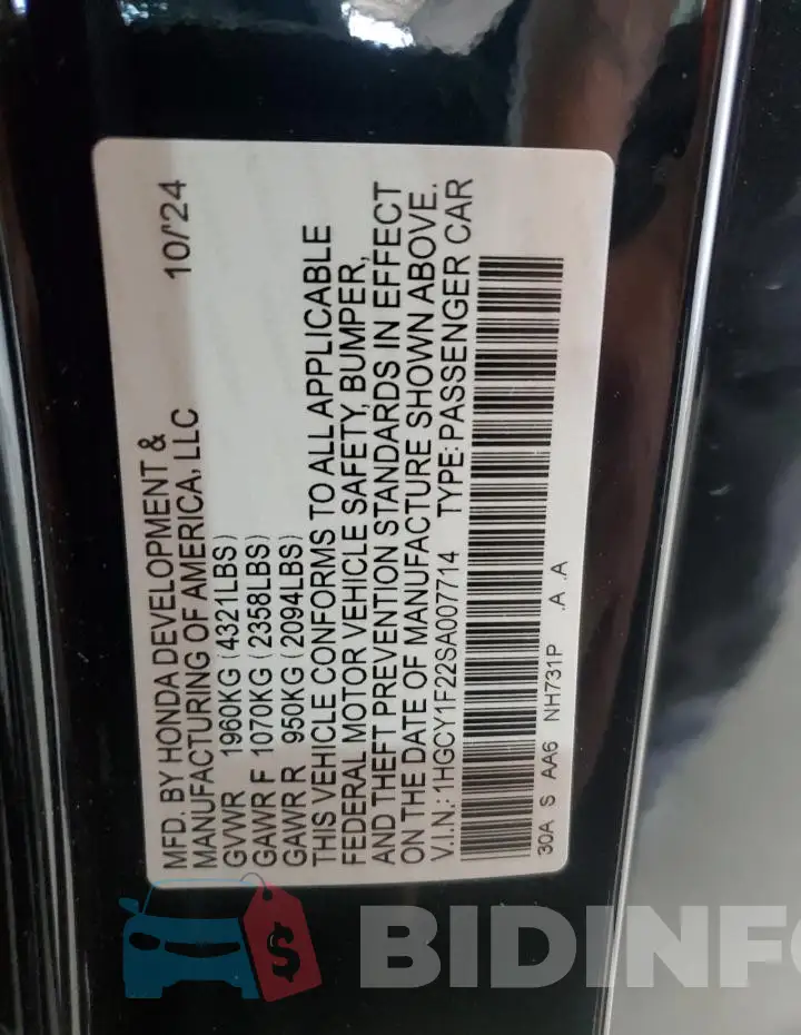 1HGCY1F22SA007714 Photo# 12