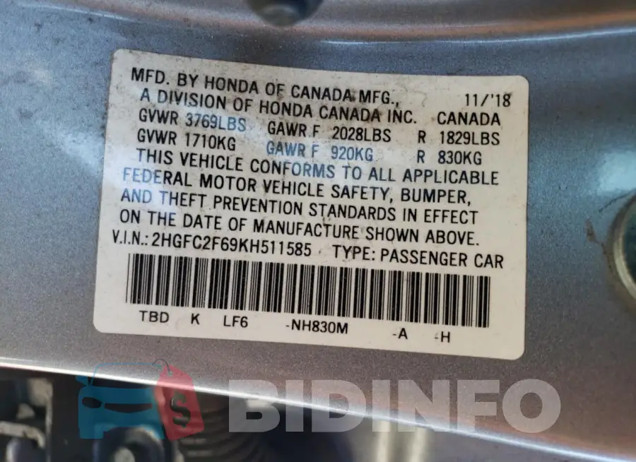 2HGFC2F69KH511585 Photo# 12