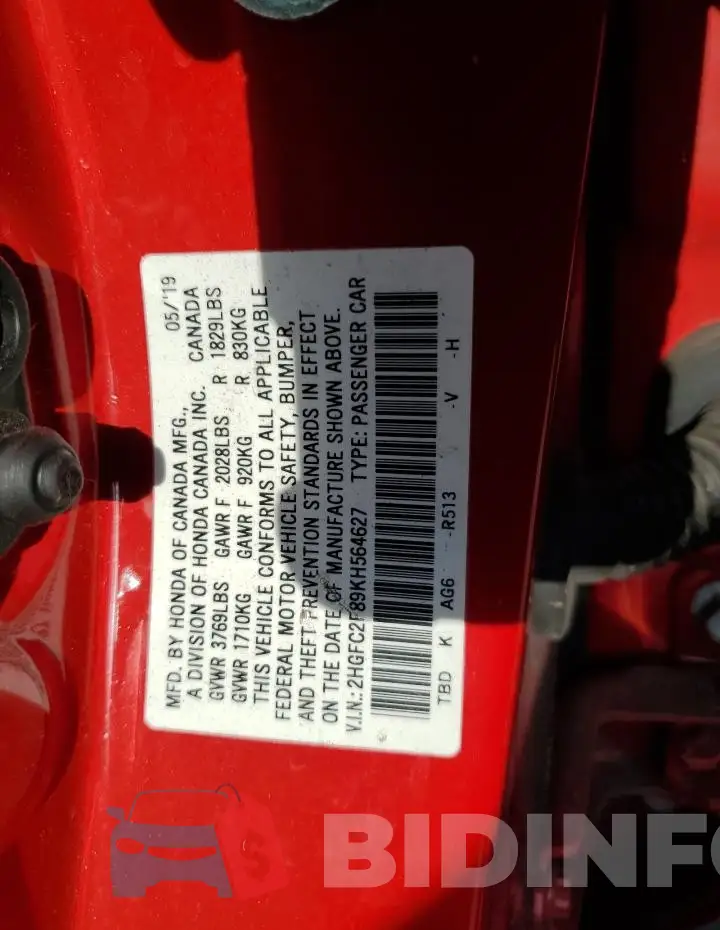 2HGFC2F89KH564627 Photo# 13