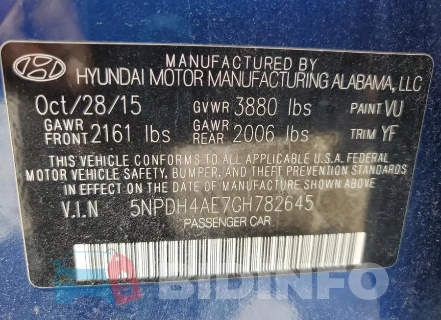 5NPDH4AE7GH782645 Photo# 12