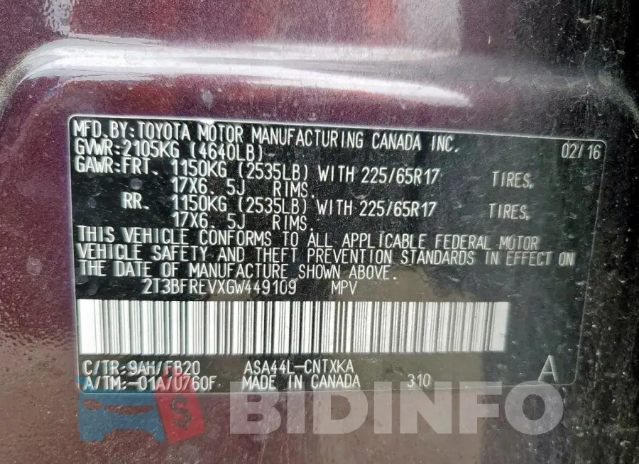 2T3BFREVXGW449109 Photo# 12