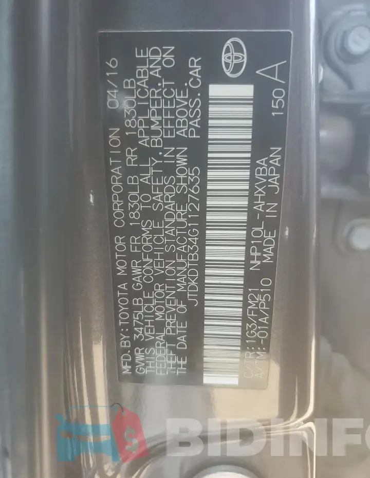 JTDKDTB34G1127635 Photo# 12