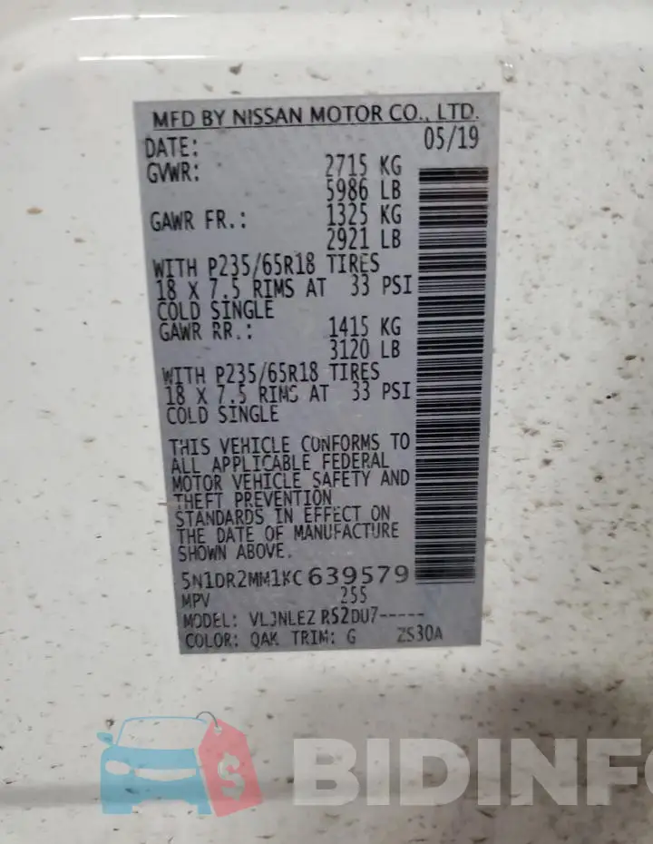 5N1DR2MM1KC639579 Photo# 14