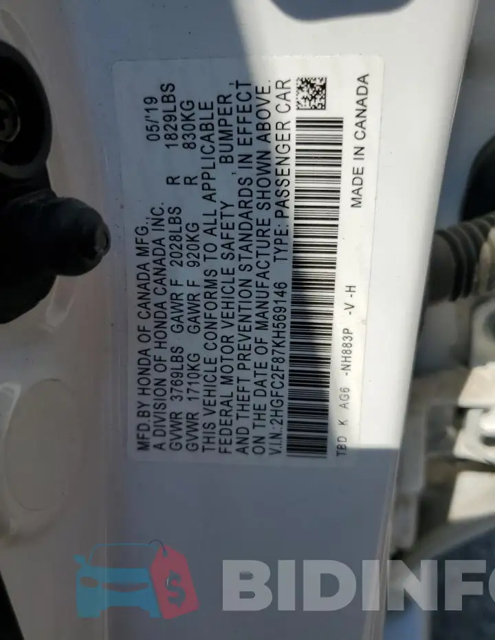 2HGFC2F87KH569146 Photo# 12