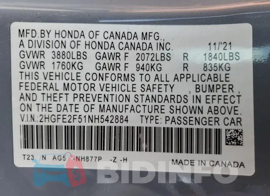2HGFE2F51NH542884 Photo# 12