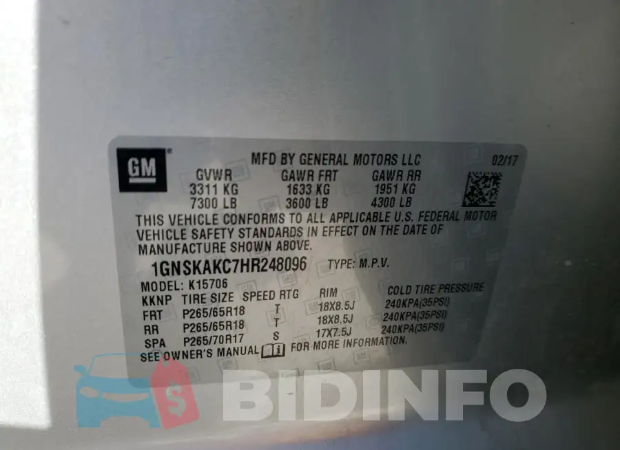 1GNSKAKC7HR248096 Photo# 13