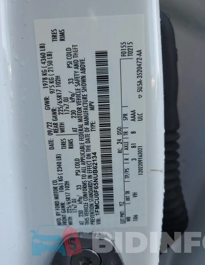 1FMCU0F65NUB62134 Photo# 13
