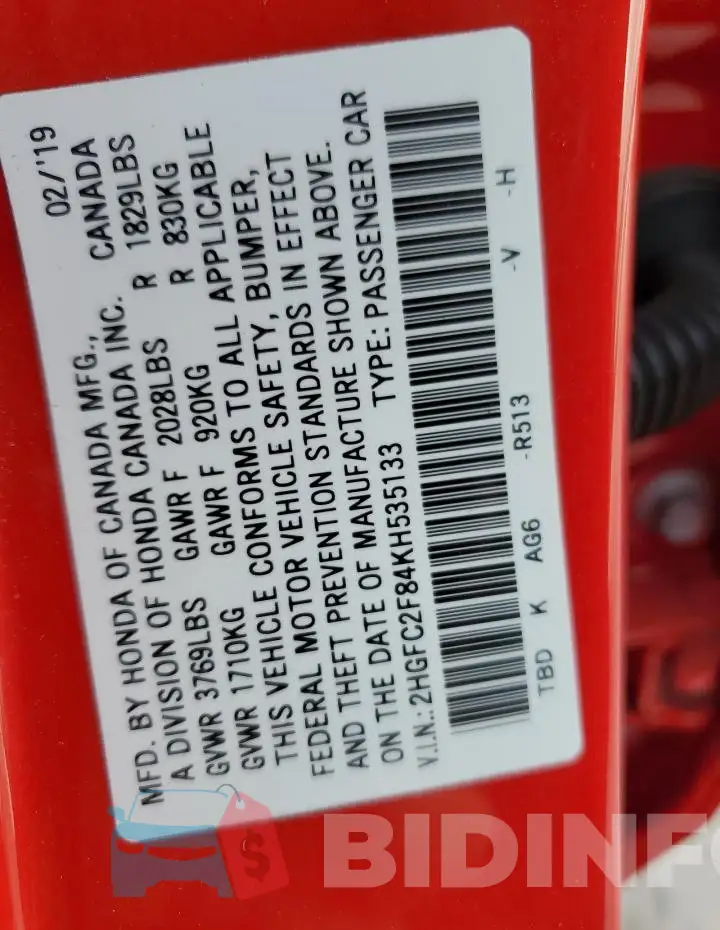 2HGFC2F84KH535133 Photo# 13
