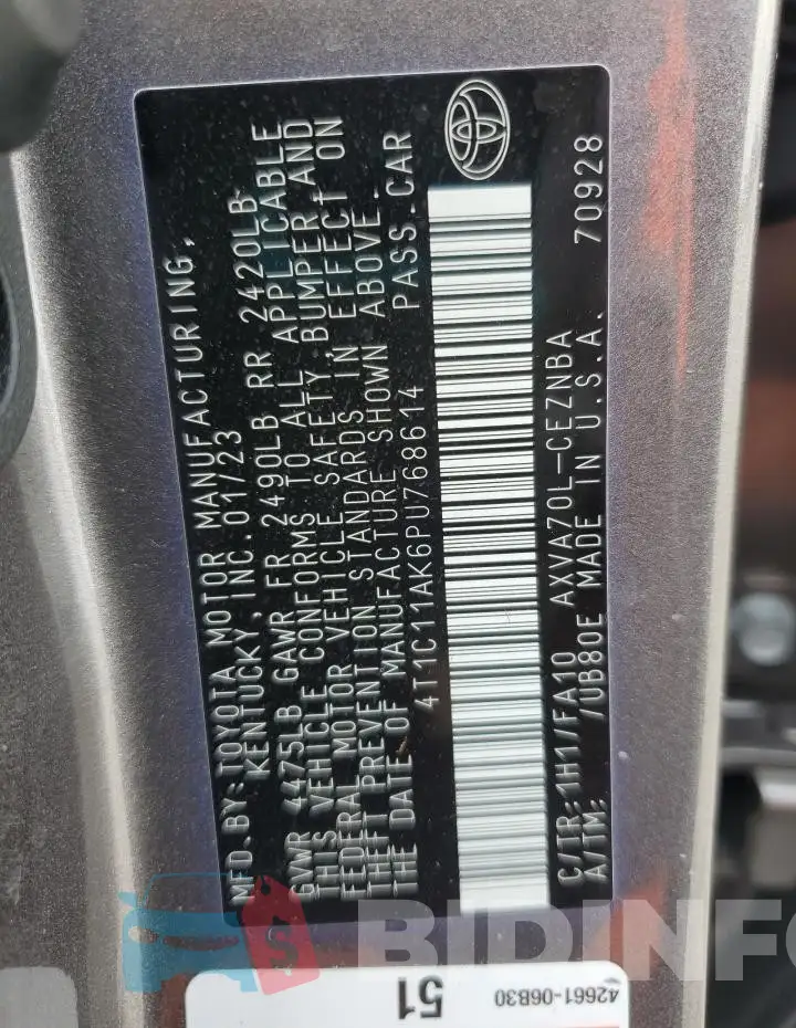 4T1C11AK6PU768614 Photo# 12