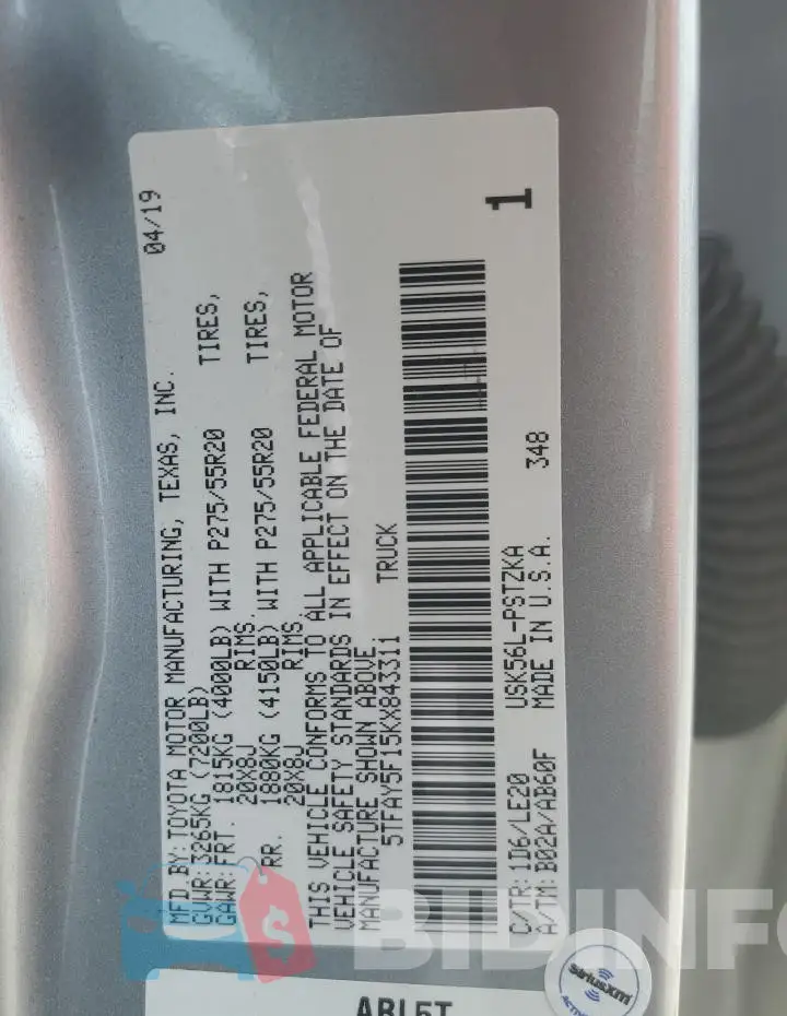 5TFAY5F15KX843311 Photo# 12