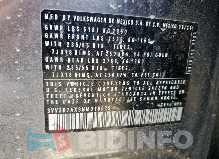 3VV3B7AX3NM016629 Photo# 13