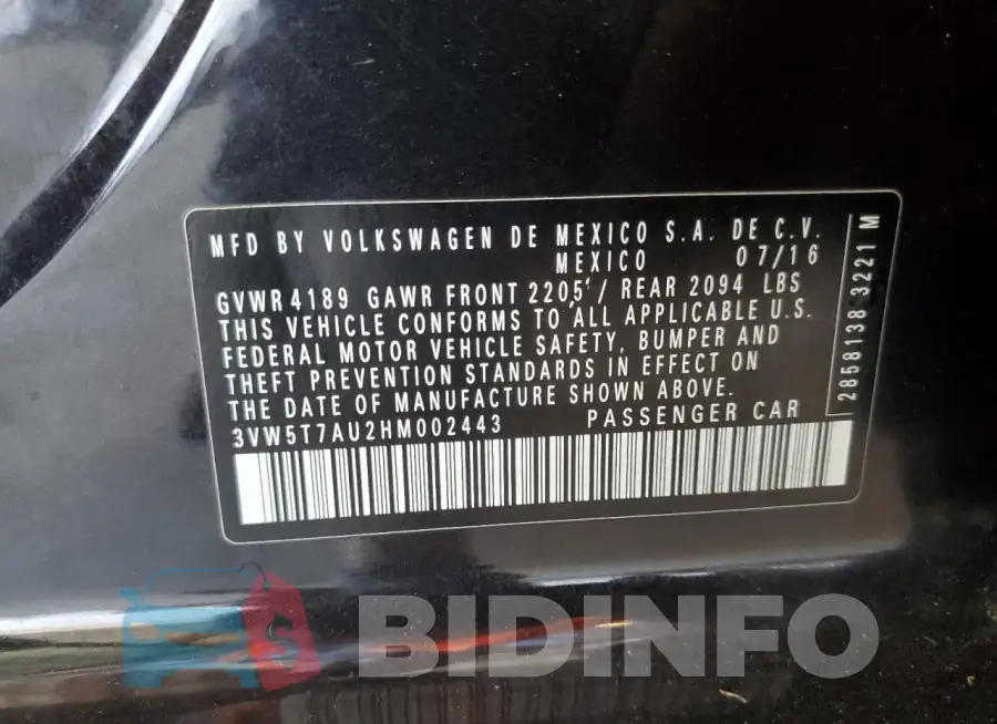 3VW5T7AU2HM002443 Photo# 13