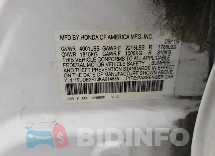 19UDE2F33KA014585 Photo# 12