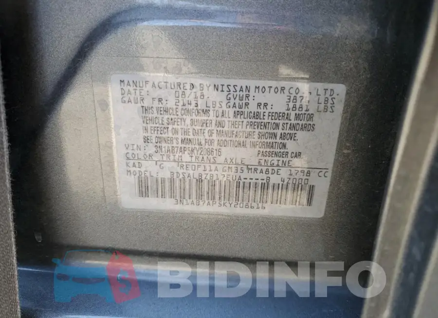 3N1AB7AP5KY208616 Photo# 12