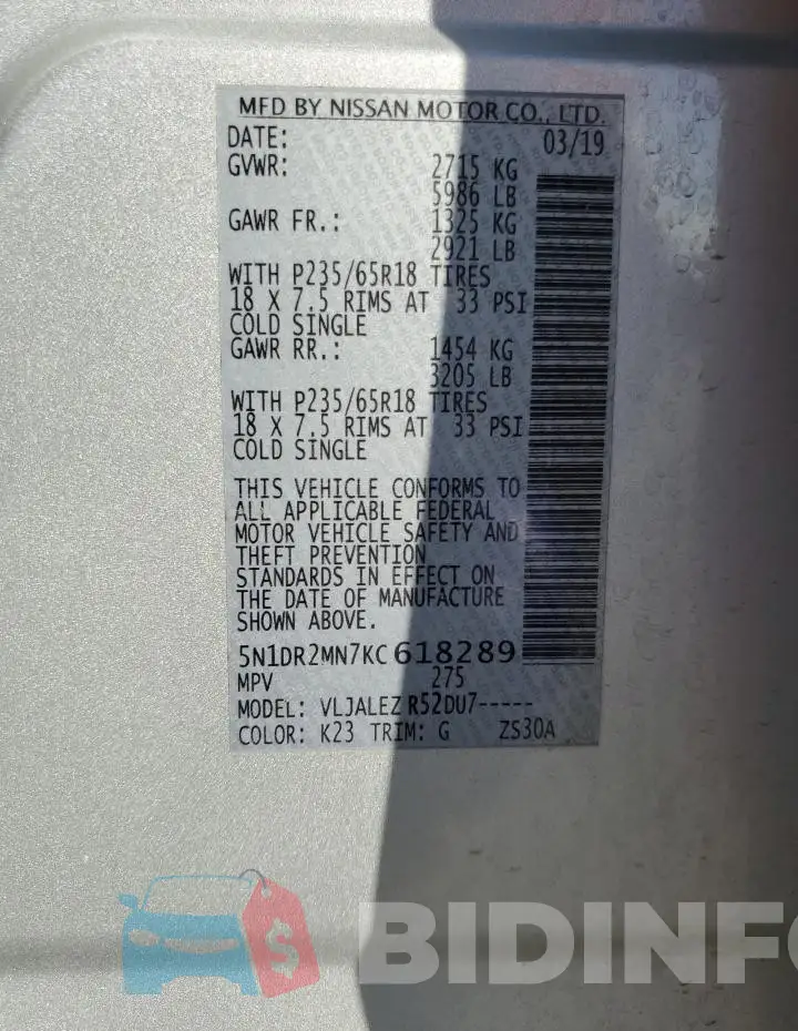 5N1DR2MN7KC618289 Photo# 12
