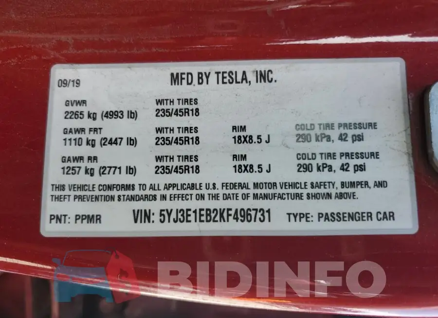 5YJ3E1EB2KF496731 Photo# 12