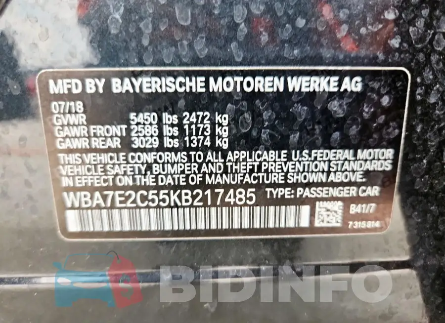 WBA7E2C55KB217485 Photo# 13