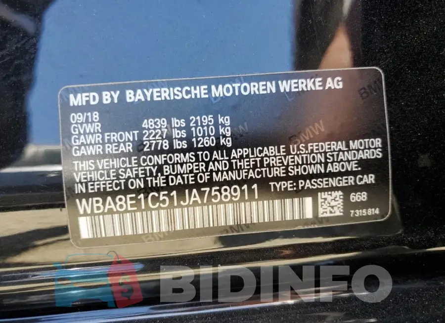 WBA8E1C51JA758911 Photo# 12