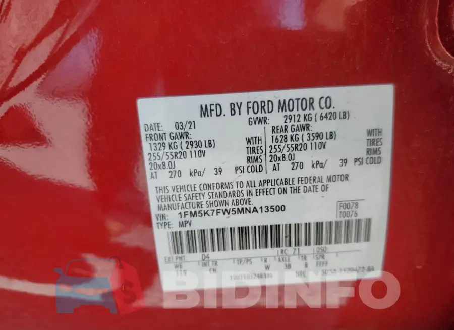 1FM5K7FW5MNA13500 Photo# 14