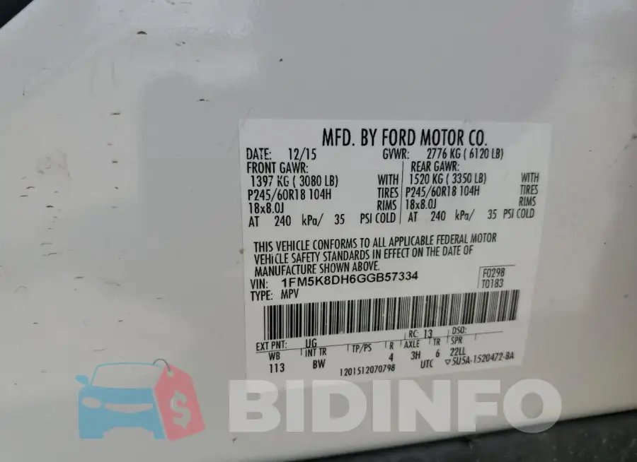1FM5K8DH6GGB57334 Photo# 13