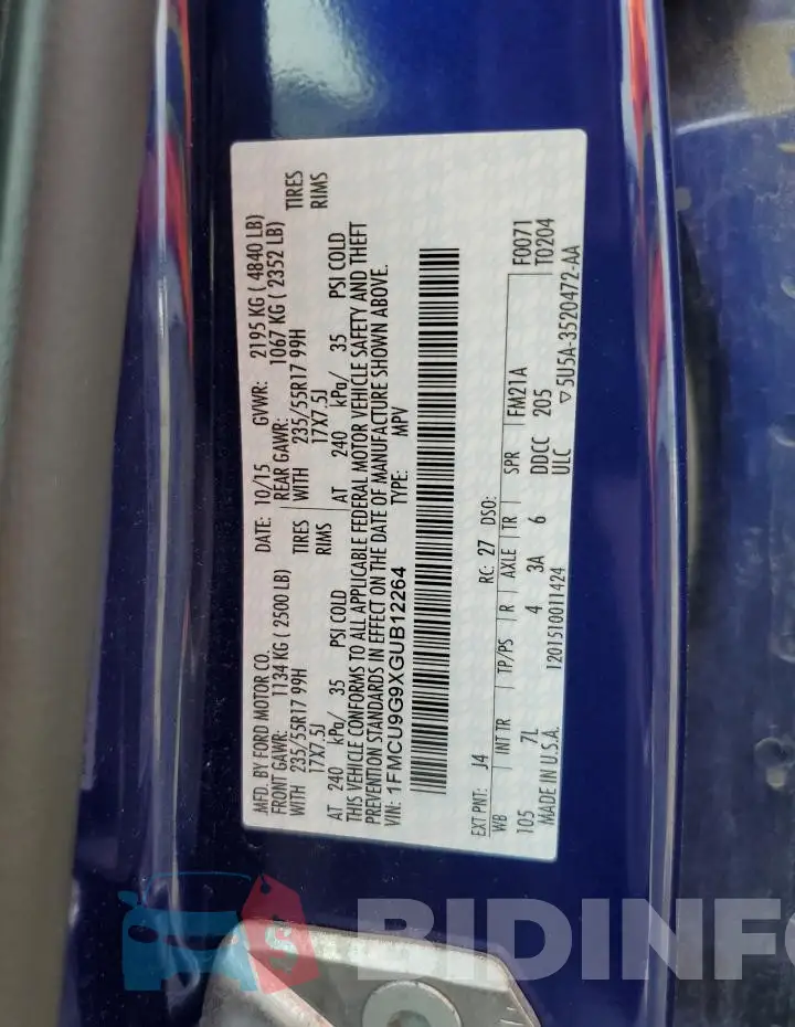 1FMCU9G9XGUB12264 Photo# 13